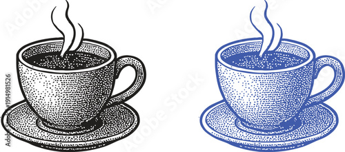 halftone coffee cup icon isolated on white background, black and blue vector illustration of steaming tea mug with dot shading for cafe, breakfast, and hot beverage concepts.