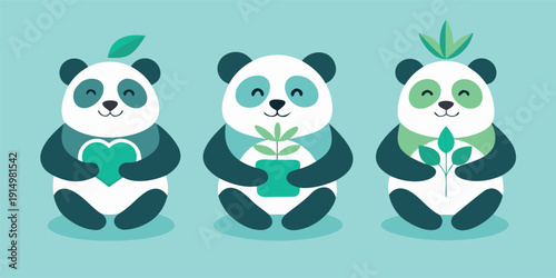 Adorable pandas promoting eco friendly living with heart and plants