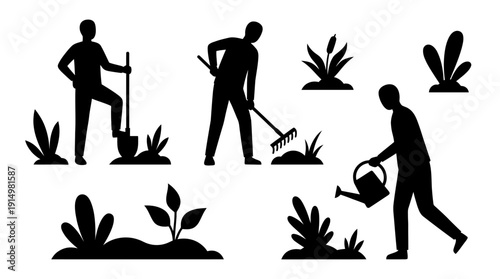 People Working Garden Shovel Rake Watering Can Silhouettes d flat vector isolated white background