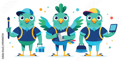 Canvas Print Three colorful birds in work uniforms with various cleaning tools