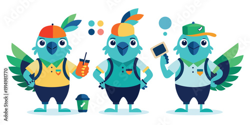 Three colorful parrots wearing hats and backpacks having fun