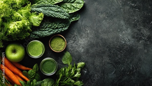 Overhead shot of vibrant green vegetables, fruits, and juice shots arranged on a dark textured surface, leaving ample negative space