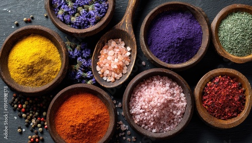 Overhead shot of various colorful spices and salts in small wooden bowls, arranged on a dark surface, with a wooden spoon resting amidst them