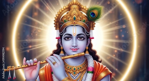 Respectful artistic depiction of Lord Vishnu centered symmetrically with celestial glow and radiant light beams