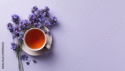 Overhead view of a cup of tea on a saucer, surrounded by sprigs of lavender blossoms, set against a pale purple background, leaving ample empty space to the right