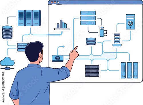 Man interacts with large computer screen displaying data flowchart via RJ Whisk Auto