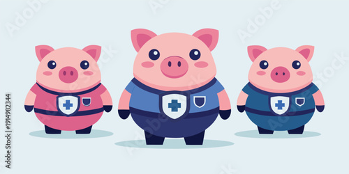 Three cartoon pigs in medical uniforms with shields
