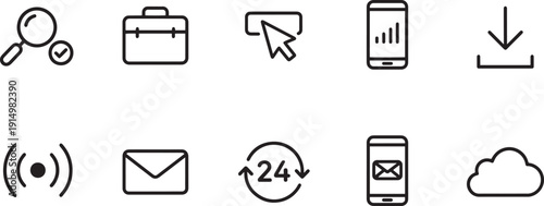 Set of vector silhouette design icons for business communication and technology bundle