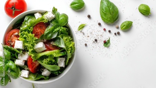 Overhead view of a fresh salad in a white bowl, featuring lettuce, cherry tomatoes, feta cheese, and basil, with scattered peppercorns and additional basil leaves around it on a white background