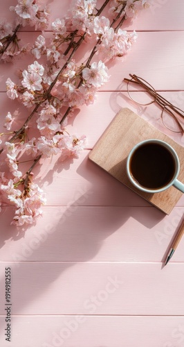 Overhead view of a pink wooden surface with delicate cherry blossoms, a cup of coffee on a coaster, glasses, and a pen, bathed in sunlight