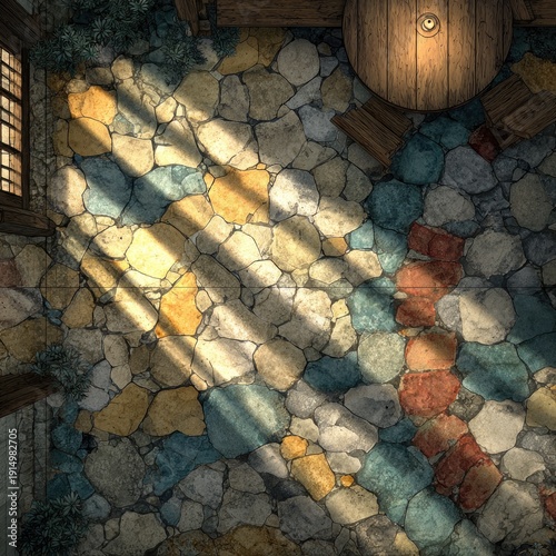 Overhead view of a rustic stone floor, illuminated by sunbeams streaming through a window, featuring a wooden barrel table and seating area in a corner