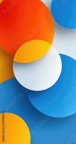 Overlapping circles in vibrant orange, yellow, white, and blue hues create a dynamic, layered abstract composition.  Depth is suggested through varied circle sizes and subtle shadowing