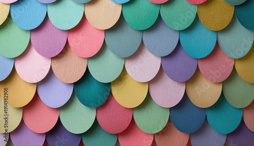 Overlapping pastel-colored circles create a textured, scaled pattern; reminiscent of fish scales or shingles.  The subtle variations in shades and hues add depth