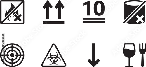 Set of vector silhouette design icons for shipping and handling instructions bundle of 8 symbols