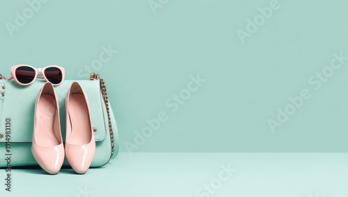 Pale pink heels and sunglasses rest atop a light teal shoulder bag against a matching teal background.  Plenty of copy space