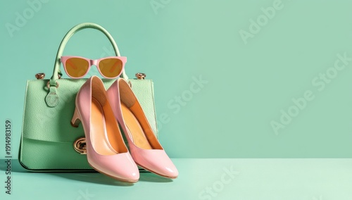 Pale green handbag rests on a mint background, with a pair of pale pink heels and orange-tinted sunglasses perched atop.  Clean, minimalist aesthetic