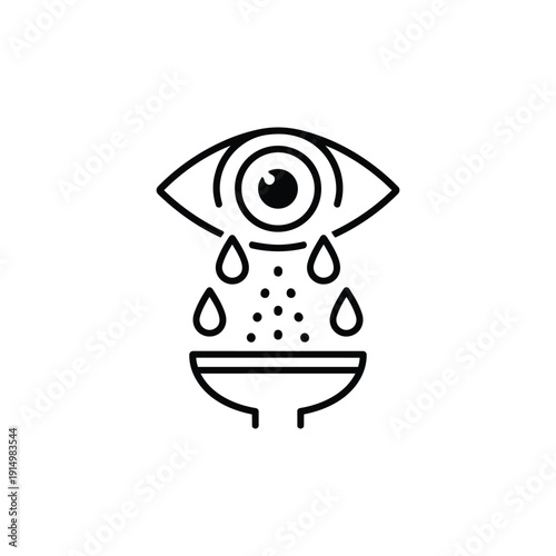 Ophthalmology eye wash icon black and white vector line illustration for eye care emergency rinsing and medical safety design