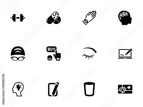 Diverse Black Silhouette Icons for Fitness Health and Lifestyle