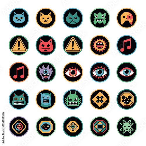 Colorful circular emoji and symbol icon set with animals warnings eyes music and abstract signs flat vector illustration