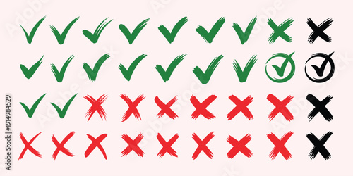 Collection of green check marks and red crosses x marks