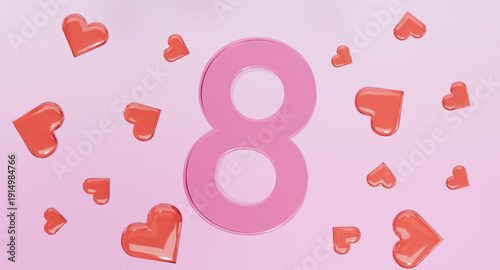 March 8 Pink symbol with 3d red heart . International Women's day pink background.