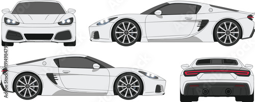 sports, car, supercar, coupe, vehicle, automotive, illustration, vector, design, white, modern, luxury, speed, performance, wheels, aerodynamic, sideview, frontview, rearview, set