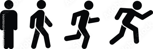 Running walking standing human pictogram silhouettes movement action icon set vector isolated