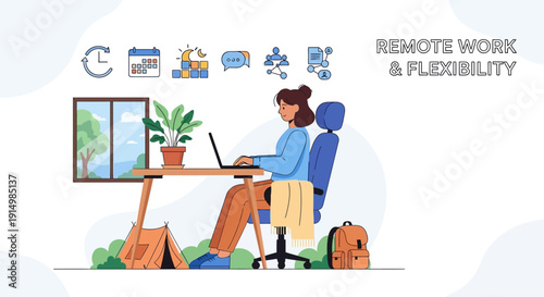 A woman sits at a desk with a laptop and tablet, working from home with a flexible schedule and achieving work-life balance in a modern home office.