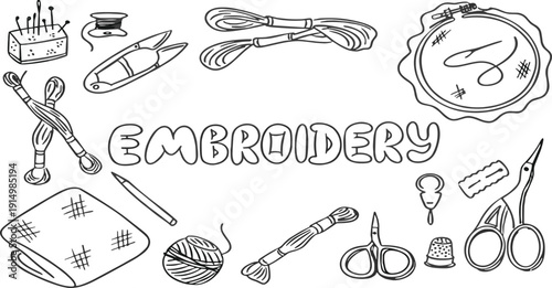 Embroidery Handcraft Doodle Set with Sewing Tools, Threads, Needlework Elements, Scissors, and Handmade Craft Supplies Illustration Collection