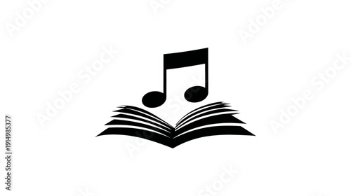 A simple black silhouette depicts a musical note above an open book on a clean white background