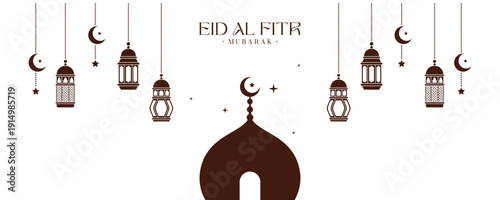 Elegant Islamic Eid Al Fitr Mubarak Greeting Design With Mosque Dome Crescent Moon And Hanging Lanterns On Minimal Beige Background