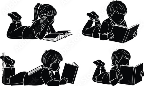 Children reading books silhouette set, young boy and girl lying down studying, childhood education and learning vector icons, library school,