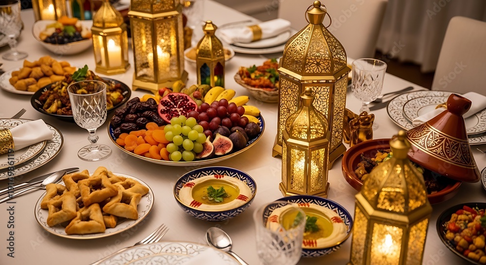 Fototapeta premium A lavish Ramadan Iftar table is abundantly set with a vibrant array of traditional dishes, fresh fruits, and elegant golden lanterns.