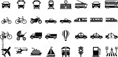 transport, vehicle, car, bus, train, tram, subway, bicycle, motorcycle, truck, taxi, airplane, helicopter, ship, boat, balloon, traffic, station, crossing, pump, icon