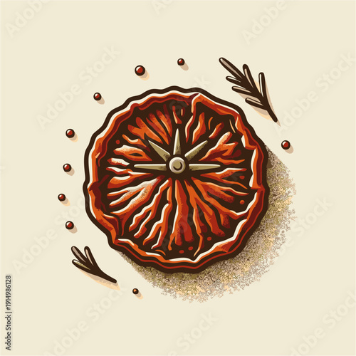 Vintage floral illustration of a yellow poppy seed cake with chocolate beside blooming poppy flowers in a decorative spring pattern