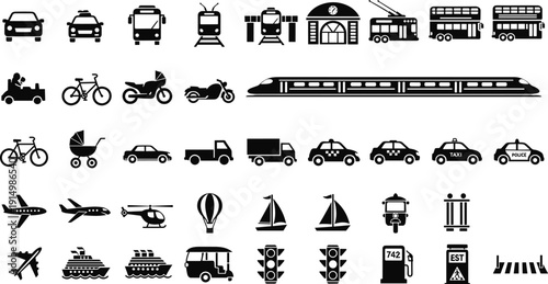 transportation, icons, vehicles, symbols, pictogram, vector, illustration, set, monochrome, black, silhouettes, traffic, public, travel, automotive, railway, aviation, nautical, mobility, collection
