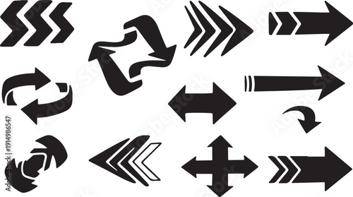 Collection of various black arrow icons on white background