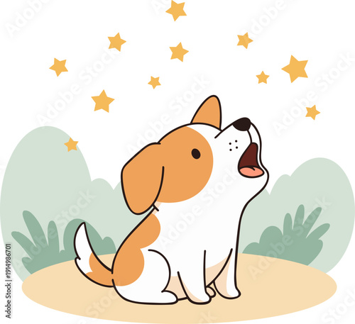 Beagle puppy baying at yellow stars under night sky with green hills