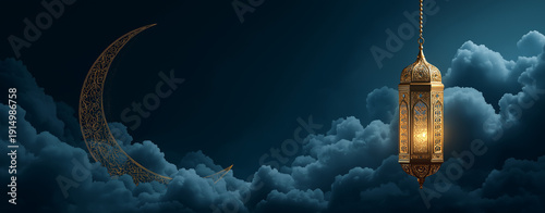 eid mubarak and ramadan kareem greetings with an islamic lantern, moon, and clouds. happy muslim holy month illustration banner template for eid al-adha, with copy space, real photo, ultra-realistic, 