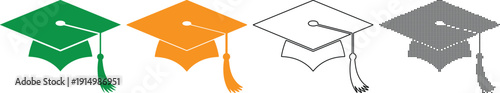 Graduation caps in green orange white and gray patterns icons