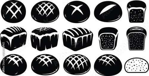 Fresh sourdough bread loaf set, black bakery product vector icons, rustic homemade pastry design elements, artisan wheat food shop illustrations,