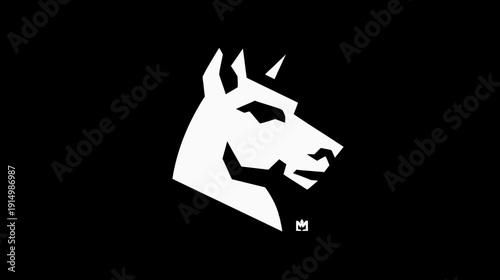 A geometric, white silhouette of an animal head with a single horn on a solid black background
