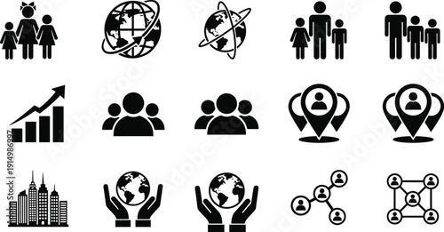 Global business icons set, world networking symbols, corporate growth graph, urban city silhouettes, family silhouettes, social connection map, planet earth care.