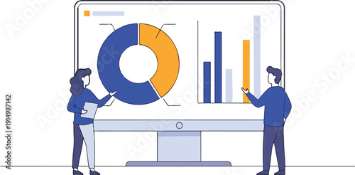 Two people analyzing data charts on a large computer screen display