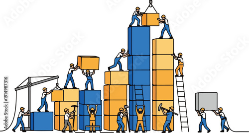 Workers constructing a large stack of boxes and crates in an industrial setting from a front viewpoint