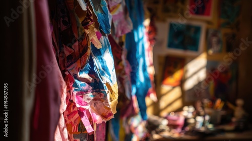 Vibrant textured fabrics with intricate patterns hanging in a sunlit studio