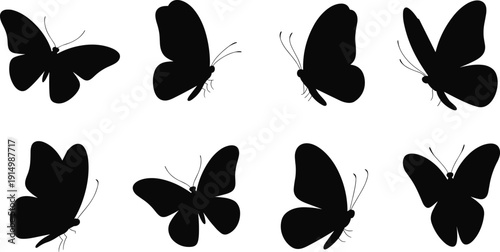Vector illustration of butterfly silhouette collection—symbols for nature, insect diversity, wing design, beauty, metamorphosis, wildlife, biology, environment, and artistic representation