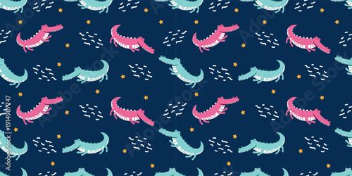 Seamless crocodile pattern featuring playful green crocodiles combined with tropical jungle leaves on a soft background