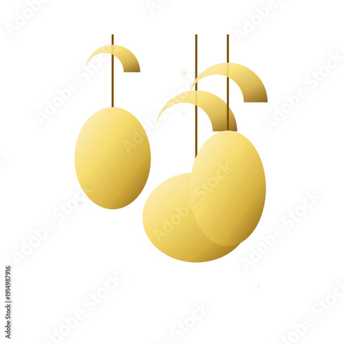 Yellow lemons hanging from sticks in a simple illustration.