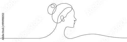 Minimalist continuous one line drawing of woman profile with hair bun in simple black outline. Editable stroke. Doodle hand drawn vector illustration